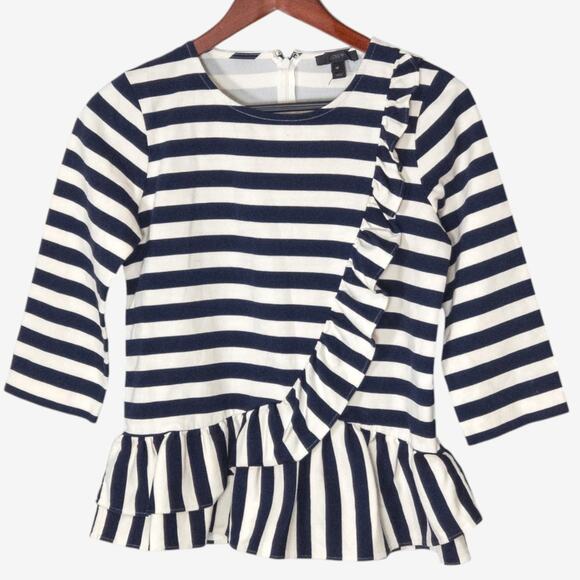 J.Crew Womens Top Striped Black and White Ruffle Nautical Preppy Cotton Size XS - Picture 2 of 11